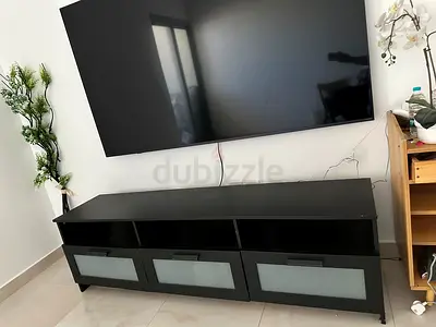 Black TV Entertainment Unit with Frosted Glass Doors - Good Condition