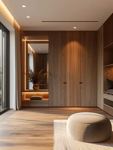 Modern Wooden Built-in Wardrobe with Mirror and Ambient Lighting
