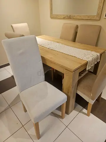 Solid Wood Dining Table with 6 Upholstered Chairs
