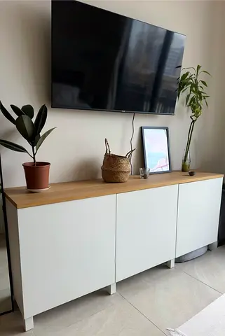 IKEA Besta white sideboard with oak top - 3-door storage
