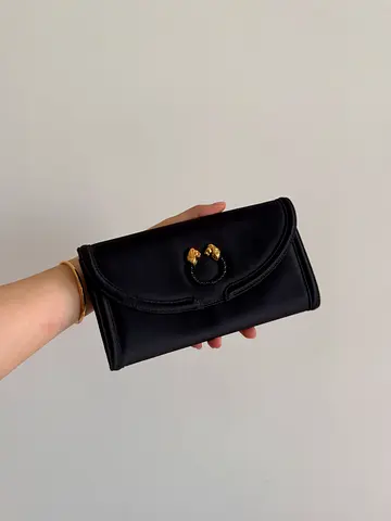 authentic Vintage Bvlgari Black Satin Leoni Flap Clutch handbag for event daily use elegant