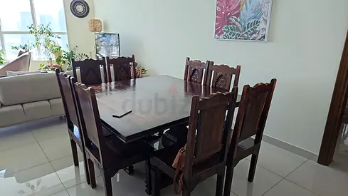 Solid Wood 8 Seater Dining Table with Carved Chairs - Used with Buffet Cabiet