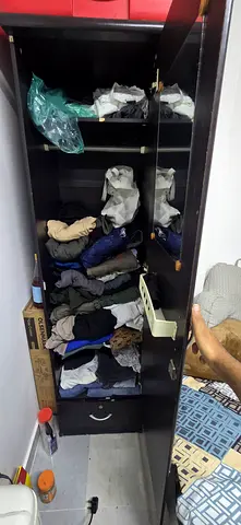 Large Black Wooden Wardrobe with Shelves and Hanging Space - Used
