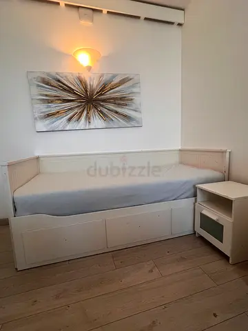 White single bed with storage drawers and bedside table  + mattress