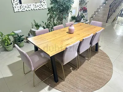 90cm x 200cm Dining Table with 8 Velvet Chairs Light Oak Finish