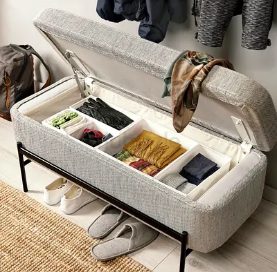 Upholstered Storage Bench with Lift-Top and Internal Dividers