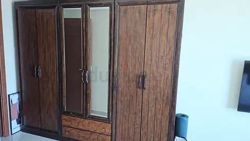 Solid Wood 3-Section Wardrobe with Mirror —  with king size bed and 2 side table Good Condition