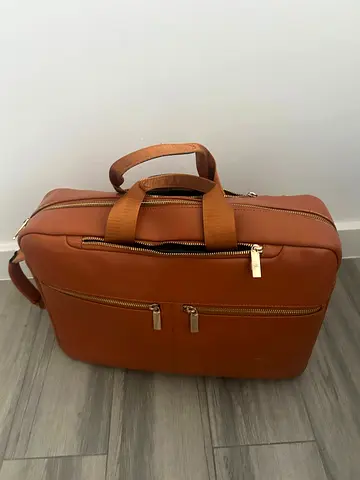 Brown Leather Laptop Briefcase with Multiple Zippers