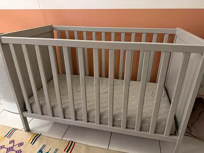 IKEA SNIGLAR baby crib - light grey, solid wood, with good new mattress