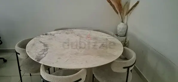 Round Marble Dining Table with 6 Upholstered Chairs - Light cream
