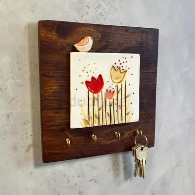 Wooden Wall Key Holder with Ceramic Floral Tile