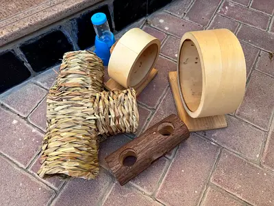 Small pet play accessories bundle: wooden wheels, chew tunnel, hideout and water station