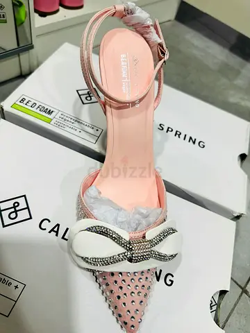 Light pink studded high heel mules with crystal buckle, Size Euro 40