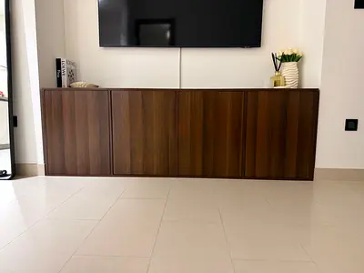Wall-mounted wooden TV console / media cabinet - walnut finish