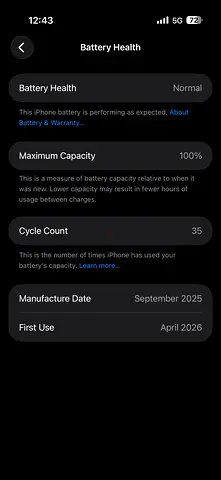 iPhone with 100% Battery Health — First Used Apr 2026, Low Cycle Count