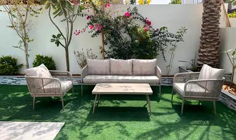 Outdoor 4-piece wicker lounge set with cushions — light grey