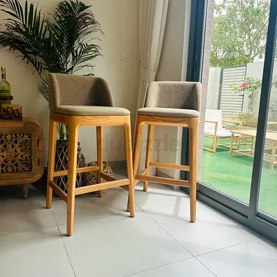 Pair of Modern Wooden Bar Stools with Fabric Seats