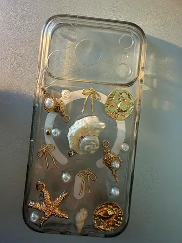 Clear iPhone Case with Shells, Pearls and Gold Charms - Used