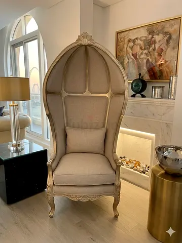 Brand New High-back Dome Accent Chair with Carved Wood Frame - Beige from The One