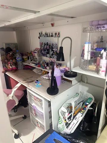 White Wooden bed / Loft Bed with Storage Shelves - Desk -Good Condition