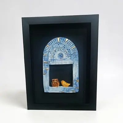Framed Ceramic Niche Wall Art with Miniature Pot and Bird