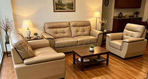 Beige Leather 3-Seater Sofa Set with Armchair 2+1