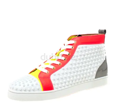 Authentic Christian Louboutin White Leather With Flourescent Matt Louis Spikes High Top Sneakers 45
