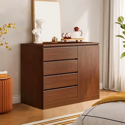 Solid Wood 4-Drawer Dresser with Side Cabinet - Dark Walnut