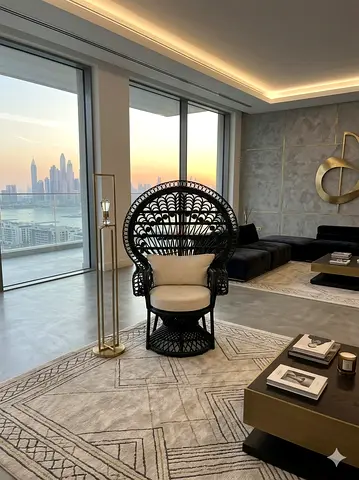 Black Rattan Peacock Chair with White Cushions from Bloomingdales