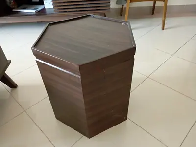 Hexagonal Wooden Side Table / Storage Stool - Dark Wood