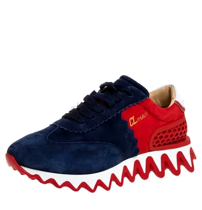 Authentic Christian Louboutin Blue/Red Suede And Leather Loubishark Low Top Sneakers Size 41