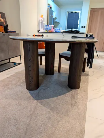 Solid Round Dining Table with Marble Top and Chunky Wooden Legs