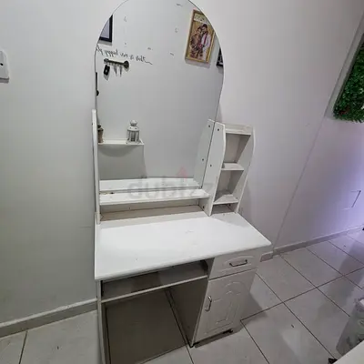 White Wooden Dressing Table with Mirror and Storage, one drawer removed of moisture