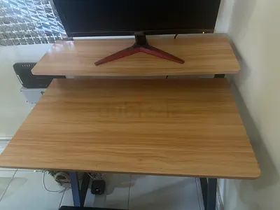 Compact wooden computer desk with monitor shelf - good condition