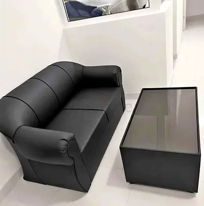 Black Leather Sofa and Glass Top Coffee Table Set