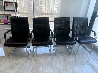 Set of 4 Black Leather Visitor Chairs with Chrome Frame