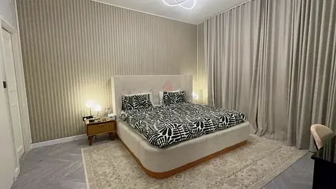 Queen upholstered bed with mattress