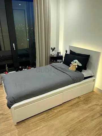 Single white wooden bed frame with storage drawers - good condition