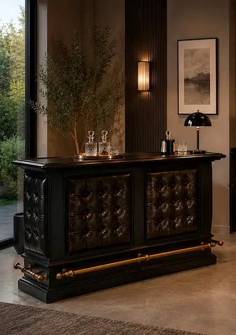 Solid Black Tufted Home Bar Cabinet with Brass Footrail