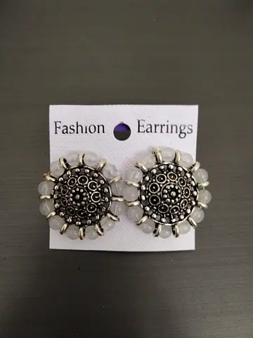 Vintage-style silver-tone round stud earrings with white bead accents