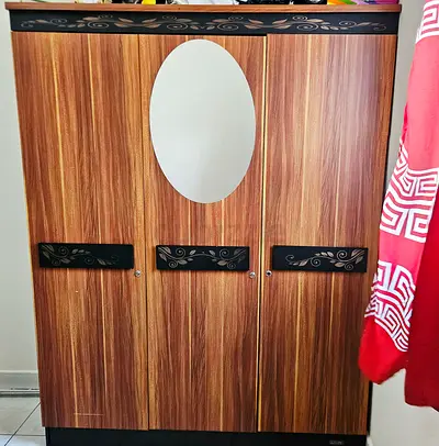 Wooden 3-Door Wardrobe with Mirror - Good Condition