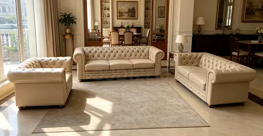 Beige Leather Chesterfield Sofa Set - 3 Seater, 2 Seater and Armchair