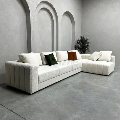 Modern White Boucle L-Shaped Sectional Sofa