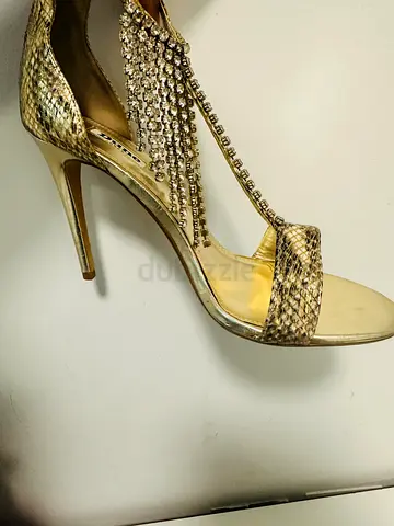 London Dune Gold snake-print high heel sandals with crystal fringe - used