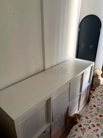 IKEA Kallax White low storage unit with fabric bins - good condition