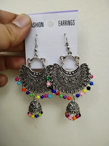 Silver-tone Jhumka Earrings with Multicolor Beads