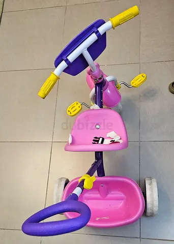 Pink  Purple Kids Tricycle with Push Handle and Storage Tray - Good Condition