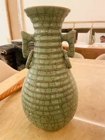 Green Crackle Glaze Ceramic Vase with Ornamental Handles