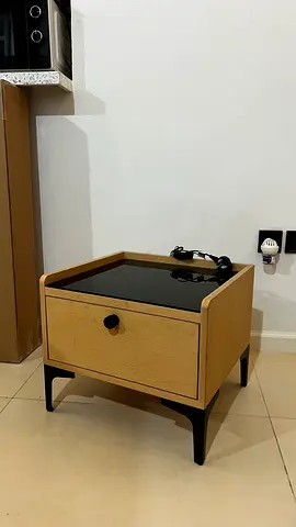 Solid Wood Bedside Table with Drawer and Black Glass Top +  charging port