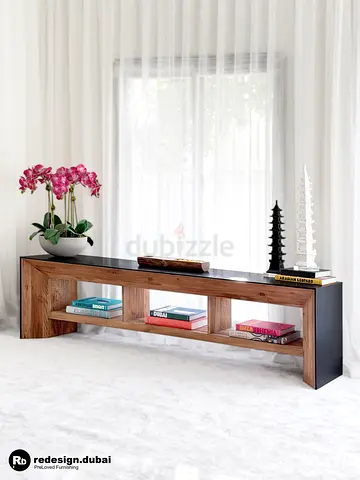 OVERSIZED MONOLITHIC WALNUT  CHARCOAL MEDIA CONSOLE table or sideboard or accent display piece